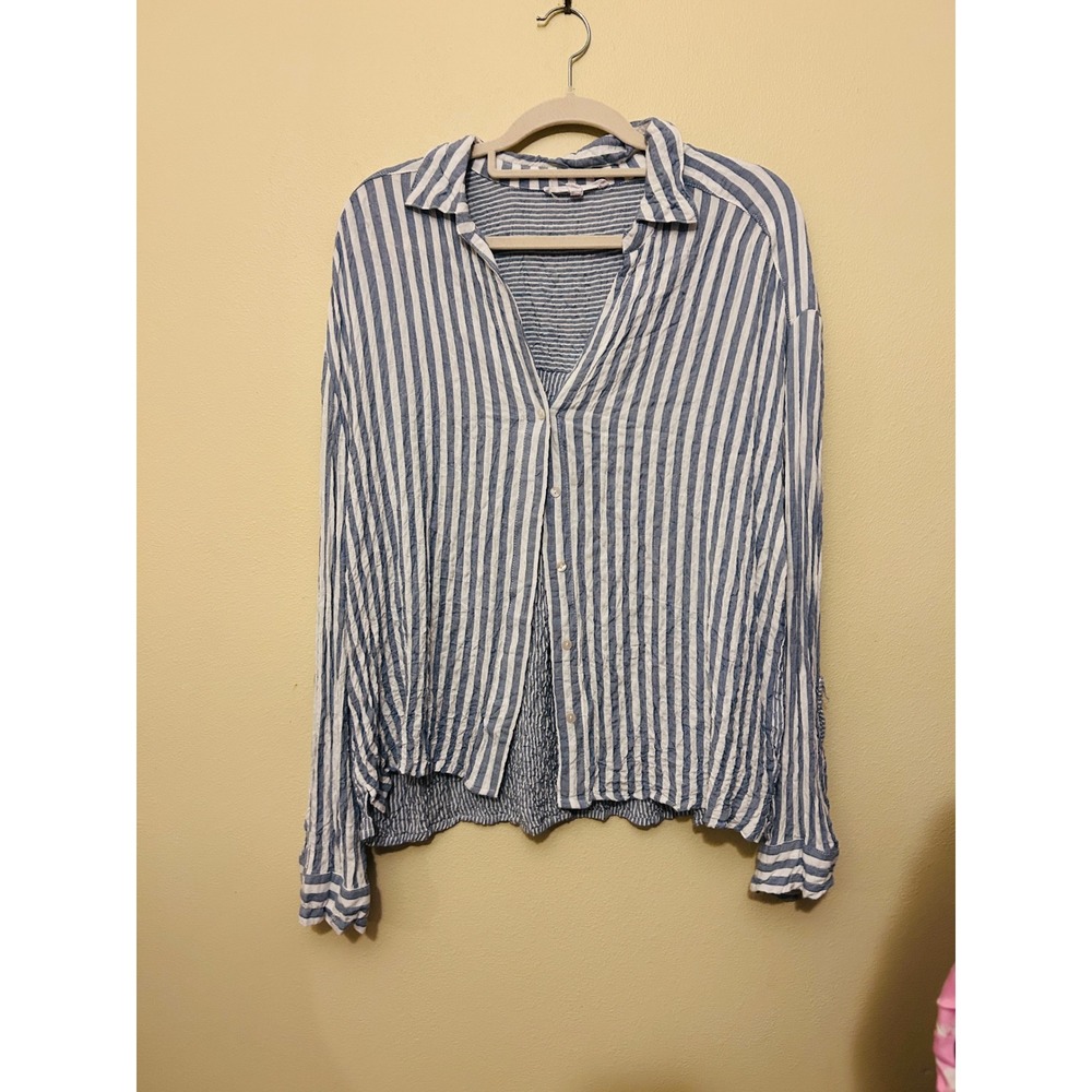 Jane + Delancey Button Down Womens XL Blue White Excellent Striped Crinkle Gauze